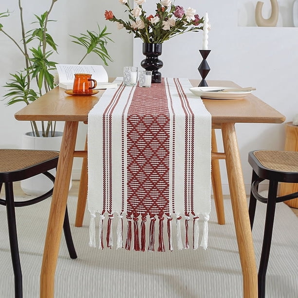 Camino de mesa de rayas con borlas tejidas a mano, moderno y sencillo, para el hogar, mesa de comedor, toalla para mueble de TV, funda para mesa de café