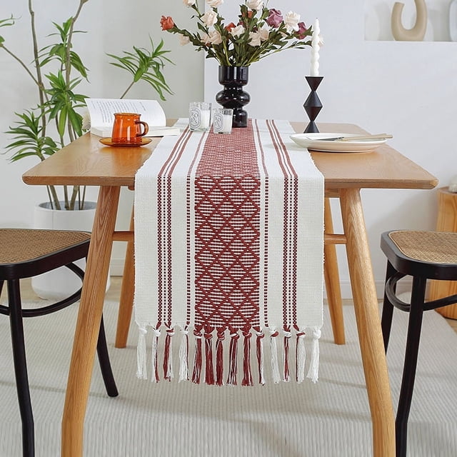 Camino de mesa de rayas con borlas tejidas a mano, moderno y sencillo, para el hogar, mesa de comedor, toalla para mueble de TV, funda para mesa de café