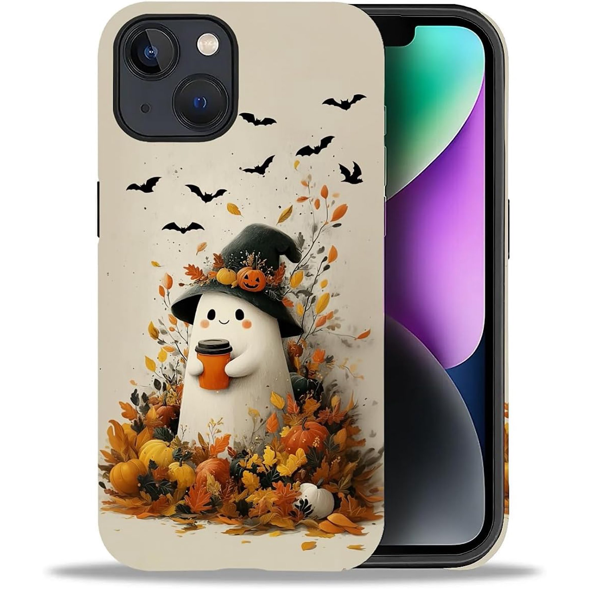 Case for iPhone 14 Plus Drop Protection Hybrid 2-Layer Hard Phone Cover-Aesthetic Ghost Halloween Pumpkin