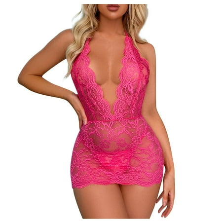 

OVTICZA Womens Hot Pink Lingerie Halter Chemise Babydoll Lace Deep V Neck Spaghetti Strap Teddy Sleepwear XL