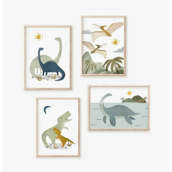 Nemo and Her Dinosaur Art Print Set of 4, Kids Wall Decor, Dinosaurs Included: Pterodactyl, Rex pair, Triceratops, Brontosaurus