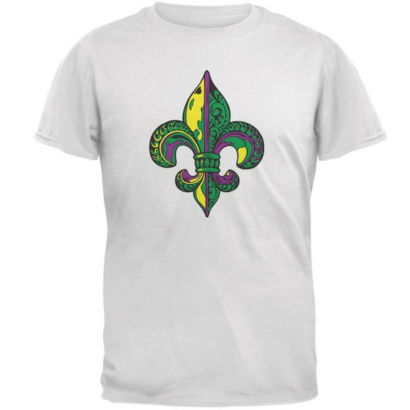 Mardi Gras Ornate Colorful Fleur-de-Lis White Soft Adult T-Shirt - 2X-Large