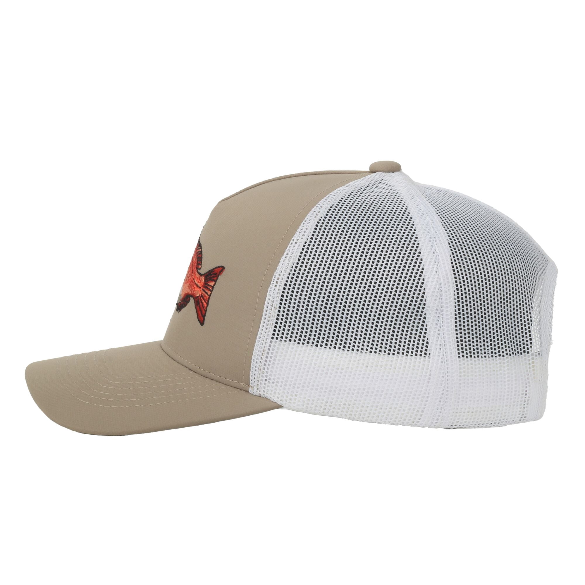 Khaki/White Red Snapper 5-Panel Fishing Cap – Structured, Embroidered, Snapback, One Size