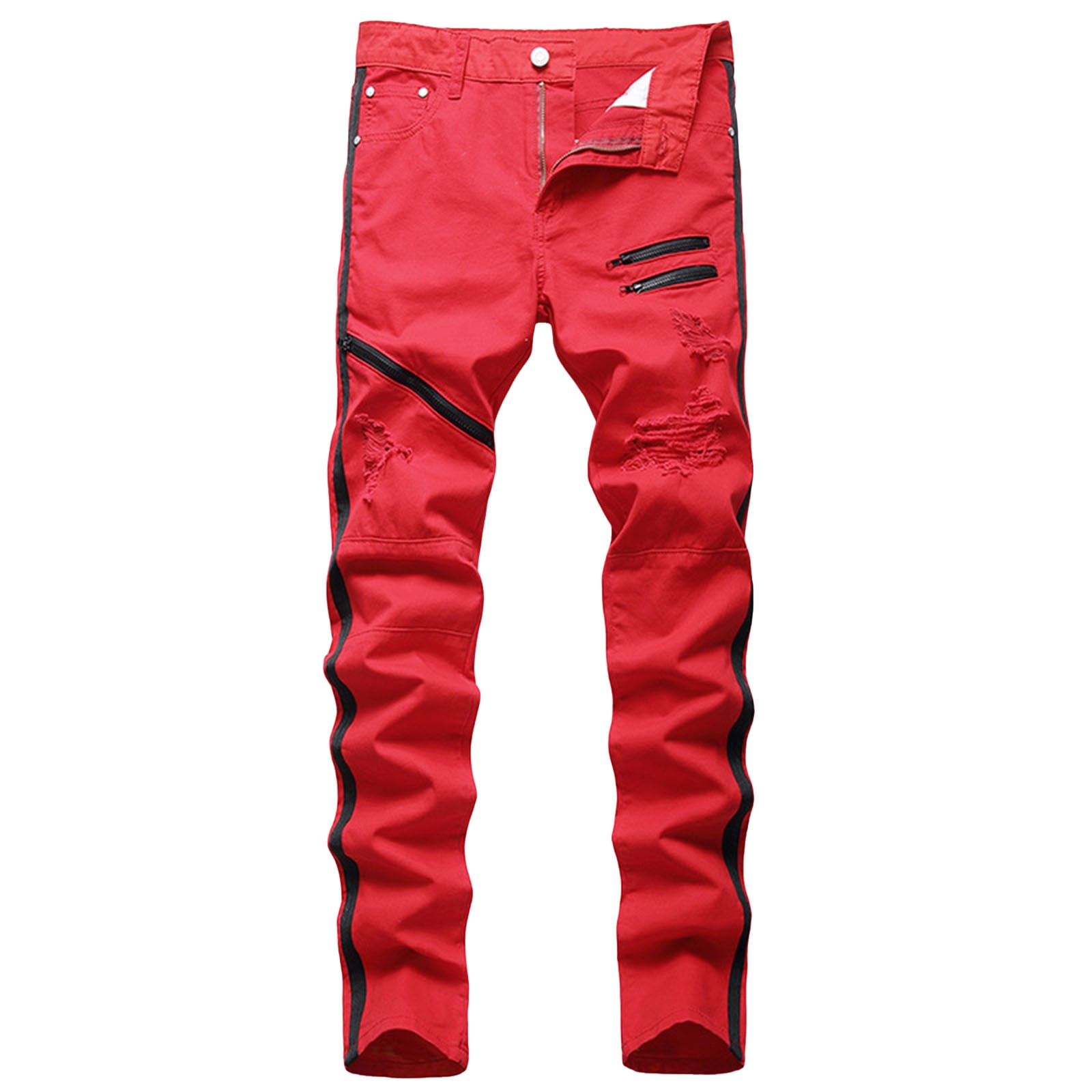 Red distressed jeans discount
