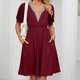 thumbnail image 4 of Vestido Vestido de manga corta para mujer, vestido informal con costuras de encaje, plisado, cuello en V, a la moda, corte en A sencillo con bolsillos, Vestidos femeninos Cgtredaw Vino rojo T XXL para Mujer, 4 of 6
