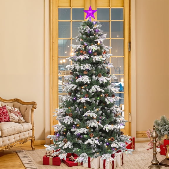 Uforic 7.5ft Prelit Flocked Tiered Christmas Tree with 1200 Tips, 400 Remote-Controlled Lights, and Pine Cones