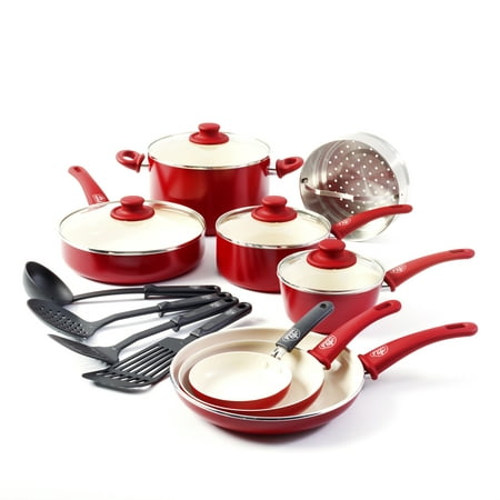 GreenLife Ceramic Non-stick 14 Pieces Cookware Set, Red
