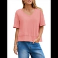 thumbnail image 1 of Camisetas de Verano con Cuello en V para Mujer, Blusas Casuales de Corta, Holgadas y Básicas. Rosa L, 1 of 9
