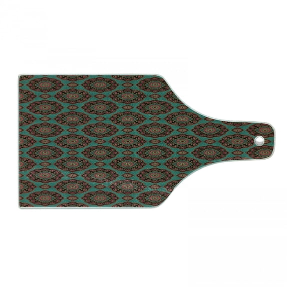 Oriental Cutting Board, Pattern with Floral Mandala Motifs Eastern Traditional Colorful Ornament, Decorative Tempered Glass Cutting and Serving Board, Wine Bottle Shape, Multicolor, by Ambesonne