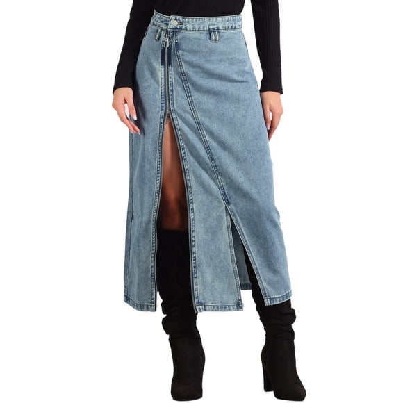 INSPIRE CHIC Women's Skirt Jean Zipper Front Split Maxi Length Denim Skirts with Pockets S Blue