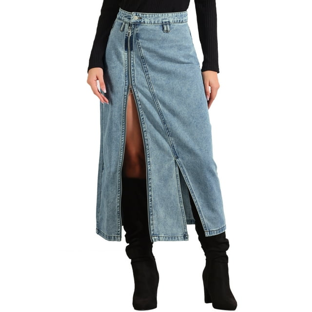 Falda de mezclilla larga con bolsillos y cremallera frontal Inspire Chic para mujer, color azul