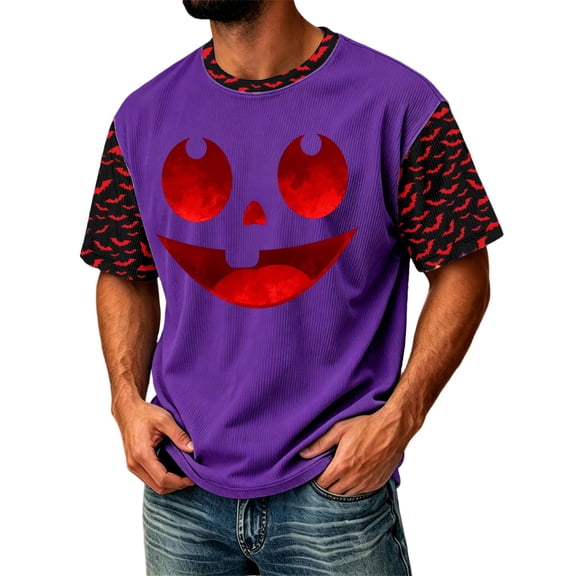 Fabrcox S-4XL Halloween Mens shirt Ghost Pumpkin Candy Mens Graphic T-Shirts Fall Winter Festival Corduroy Raglan Short Sleeve Shirt for Men Purple S