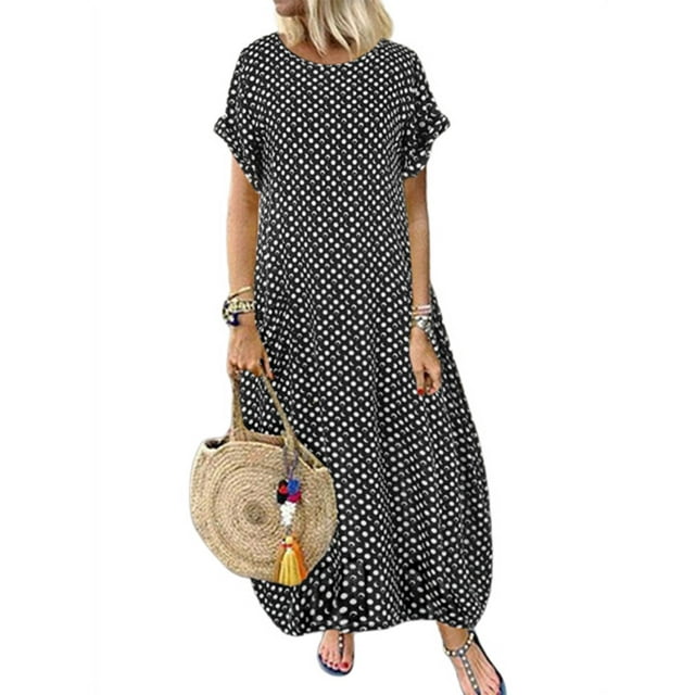 ZANZEA Robe à Manches Courtes pour Femmes, Imprimé à Pois/fleuri, Longue Robe