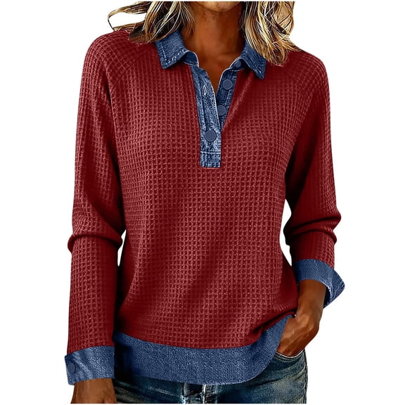 Women Denim Lapel Waffle Sweater Long Sleeve V Neck Button Down Pullover Knit Polos Shirt Casual Fall Outfits