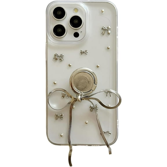 3D Silver Bow Clear Phone Case for iPhone 14 Pro Max with Bowknot Holder Ring,Chic Stylish INS Y2K Design Girly Ribbon Slim Protective Cover for i Phone 14promax 6.7 inch