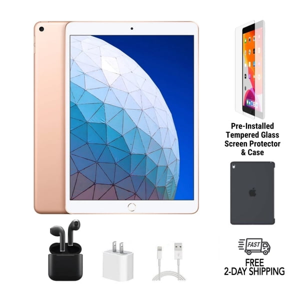Pre-Owned Apple iPad Air 3 A2153 (WiFi + Cellular Unlocked) 256GB Gold Bundle with Case, Wireless Earbuds, Tempered Glass Screen Protector