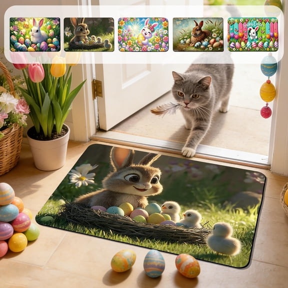 AZXY Easter Bunny Rug 23.6"x15.8", Cute Floral Egg Non-Slip Stain-Resistant Entryway Doormat, Washable Indoor Outdoor Area Rug for Bedroom Living Room Kitchen Easter Decorations