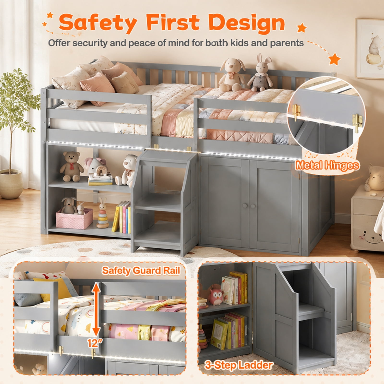 Furnibear Twin Size Loft Bed with Warm White LED Lights Storage Bookcase Cabinet Full Length Guardrails Stairs and 14 Plywood Slats, Gray