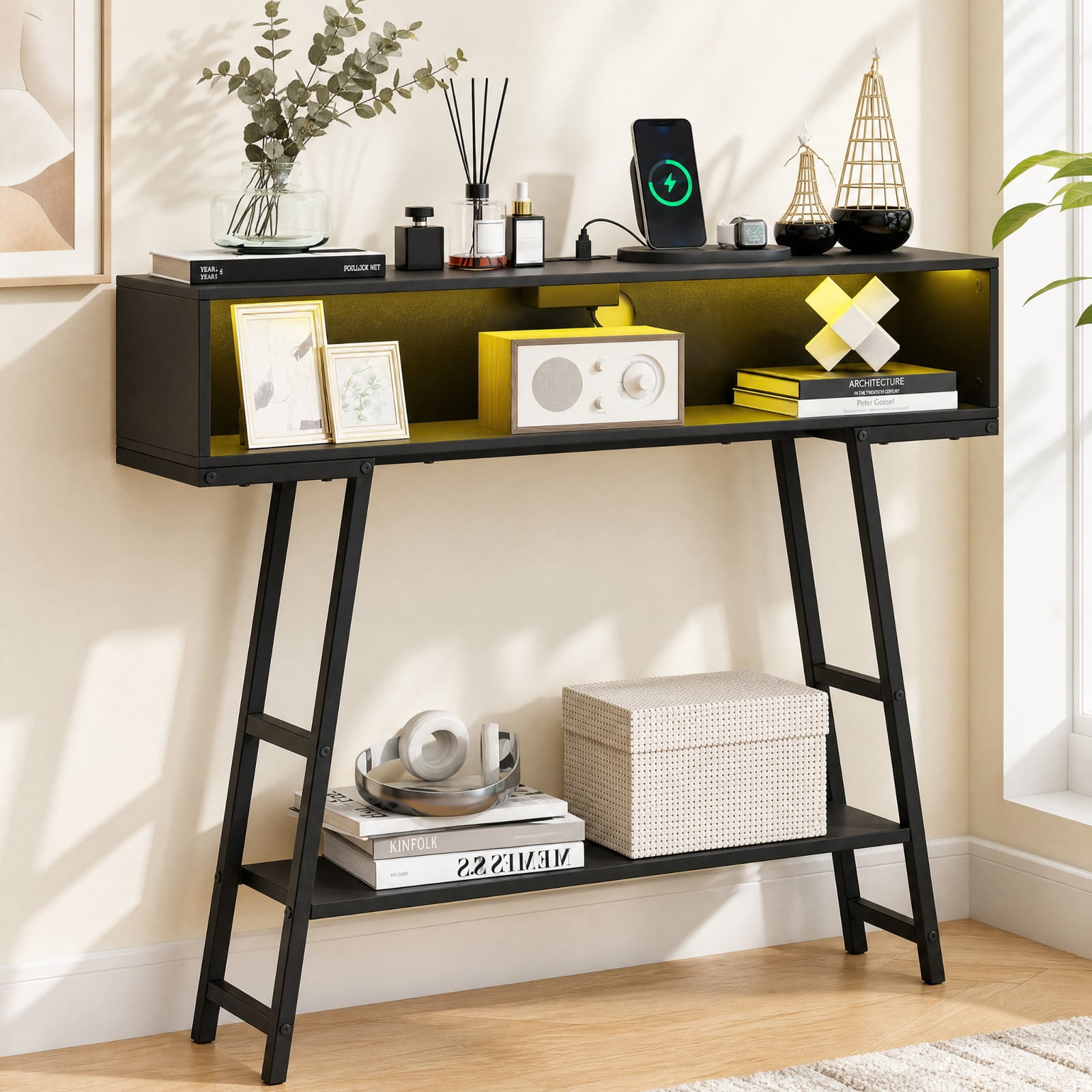 Furnibear 40 Inch Console Table with Charging Station USB Type-C AC Outlets and RGB LED Lights for Entryway Living Room and Behind Sofa, Black