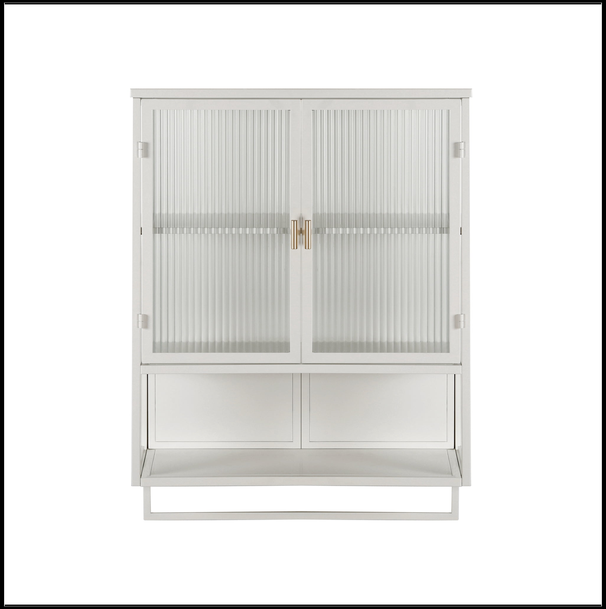 23.62"Glass Doors Modern Two-door Wall Cabinet with Featuring Two-tier Enclosed Storage, an Open Shelf, and Towel Rack, for Entryway Living Room Bathroom Dining Room