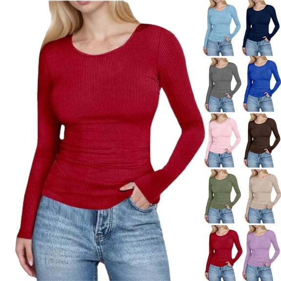 Womens Long Sleeve Ribbed Tops Fitted Stretch Basic Tee Shirts Casual Crewneck Tight Layering 2026 Fall Fashion,Deep Red XL
