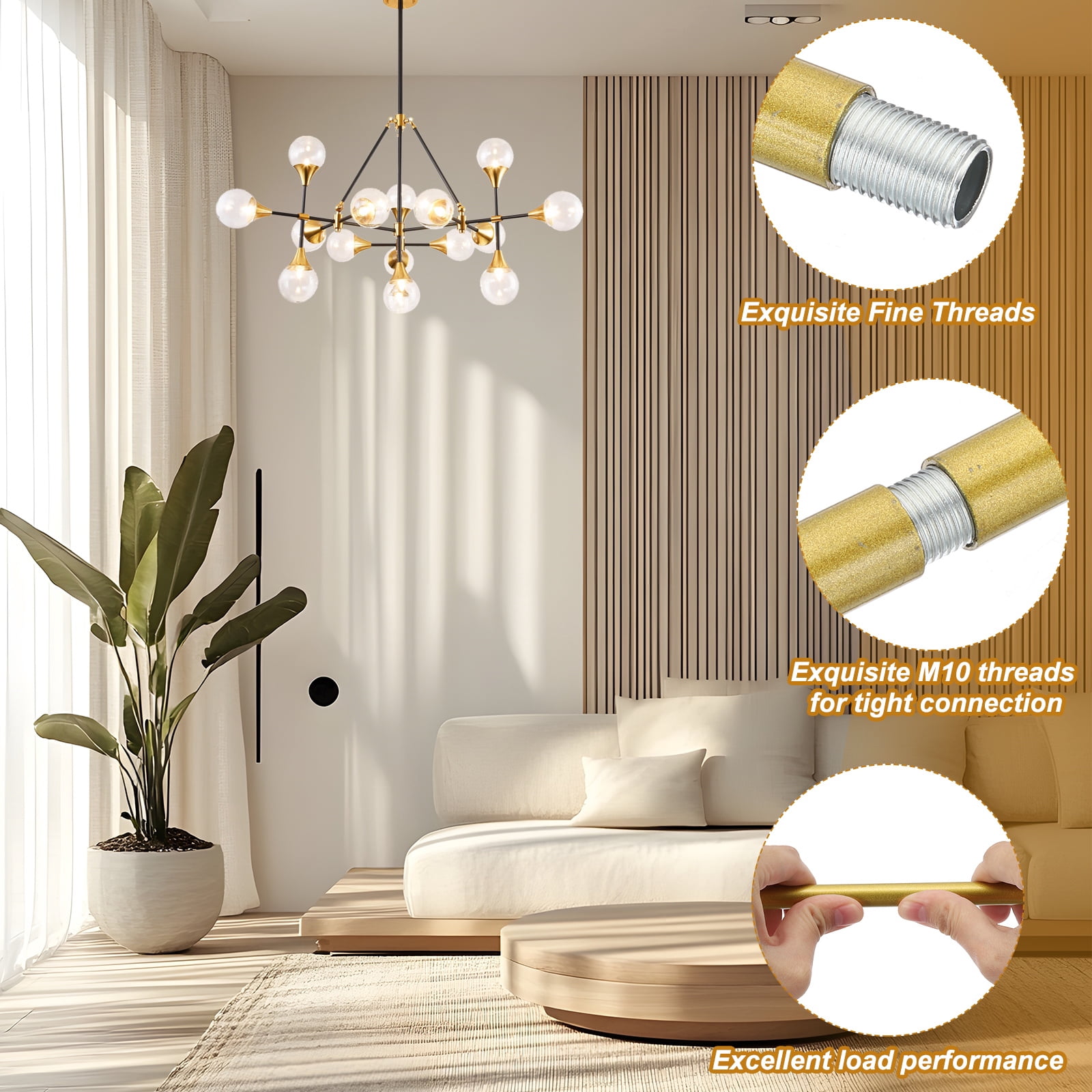Uxcell Threaded Extension Rod, 5 Sets 11.8" M10 x 1mm Fine Thread Lamp Pipe with Nipples, Gold Tone