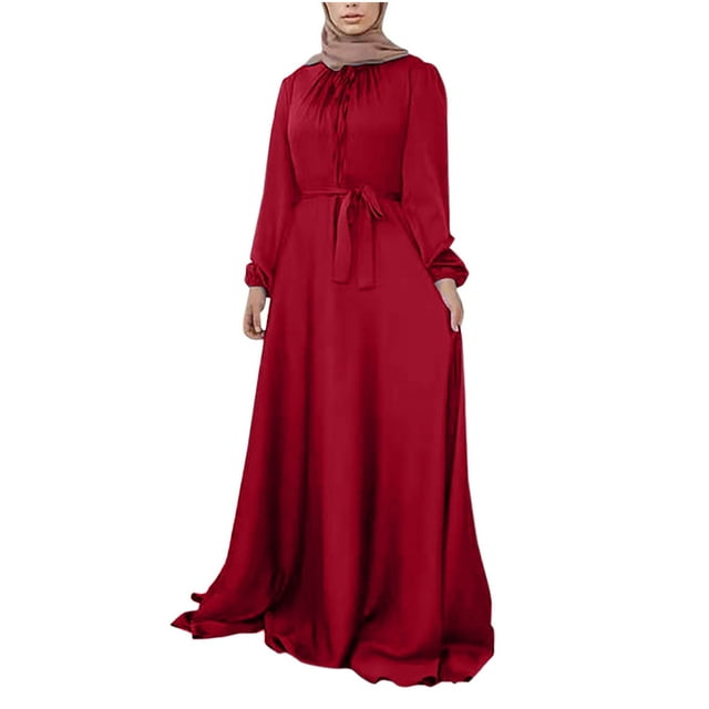 Robe de Prière Abaya Kaftan pour Femmes, Satin Uni, Col Rond, Manches Longues, Taille Portefeuille, Robe Maxi