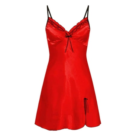 

SpringTTC Women Sexy Satin Silk Bowknot Side Slit Sleepwear Slip Lingerie Dress
