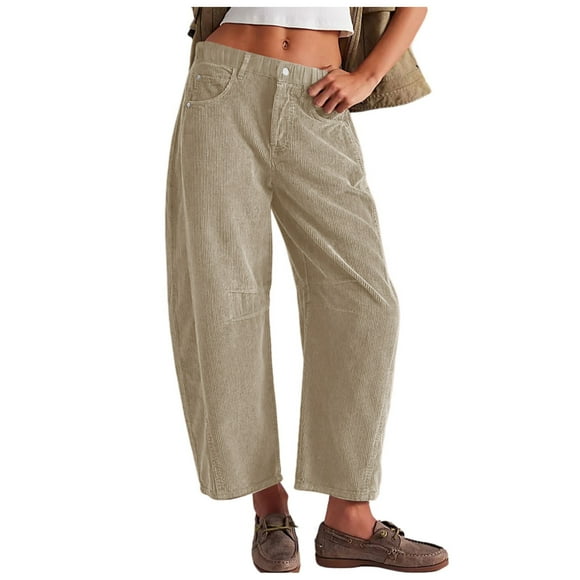 Trousers Pants for Women Mid Rise Elastic Waist Cord Pants Wide Leg Baggy Corduroy Trouser with Pockets Straight Leg Sweatpants for Women Khaki L