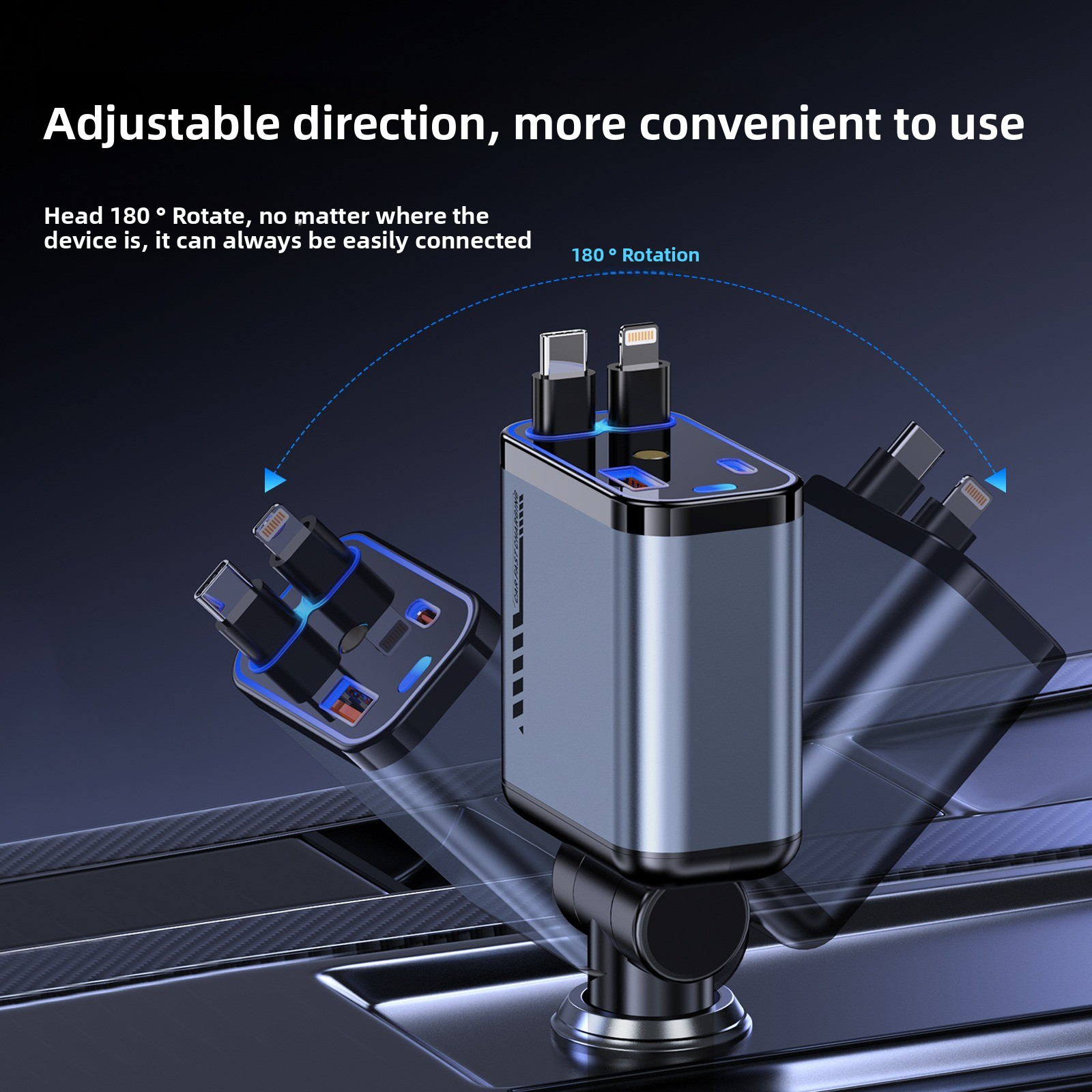 120W USB C Fast Car Charger with PD Quick Charge, 4 in 1 Retractable Cable Cigarette Lighter Car Charger, 180° Rotating Head, for iPhone and Android