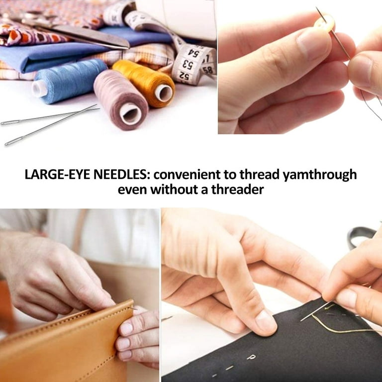 12pcs/set Three Sizes Large Eye Sewing Needles With Round Wood Tube Needle  Threader. Easy Threading Sewing Needles For Hand Stitching Clothing.