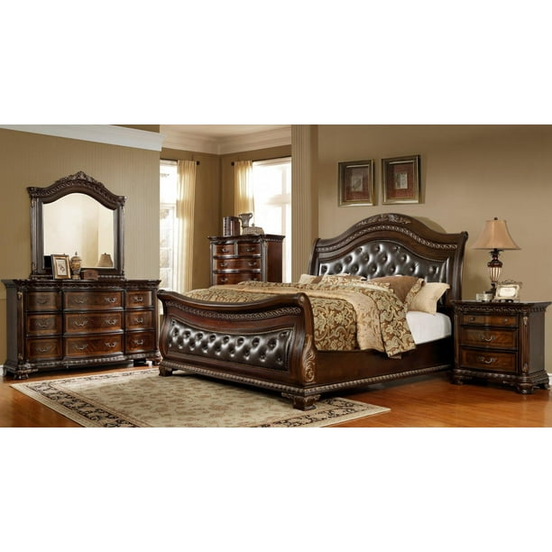 Leather Headboard Sleigh Queen Size Bedroom Set 5pcs Mcferran B9588 Cherry Com Leather Headboard Sleigh Queen Size, King Size Sleigh Bed With Leather Headboard