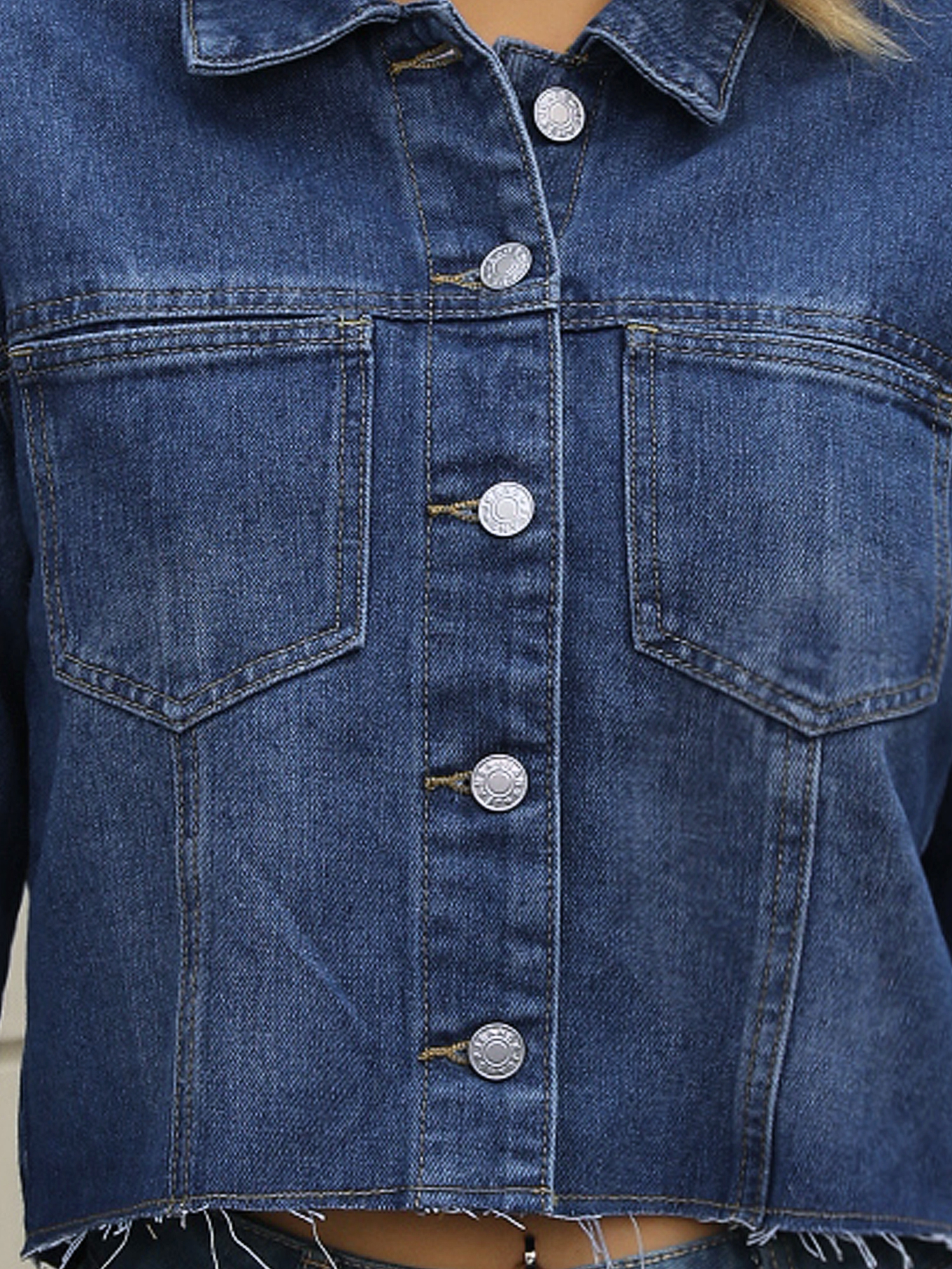 DARING DIVA Women's Cropped Washed Lightweight Frayed Hem Denim Jacket L Dark Blue