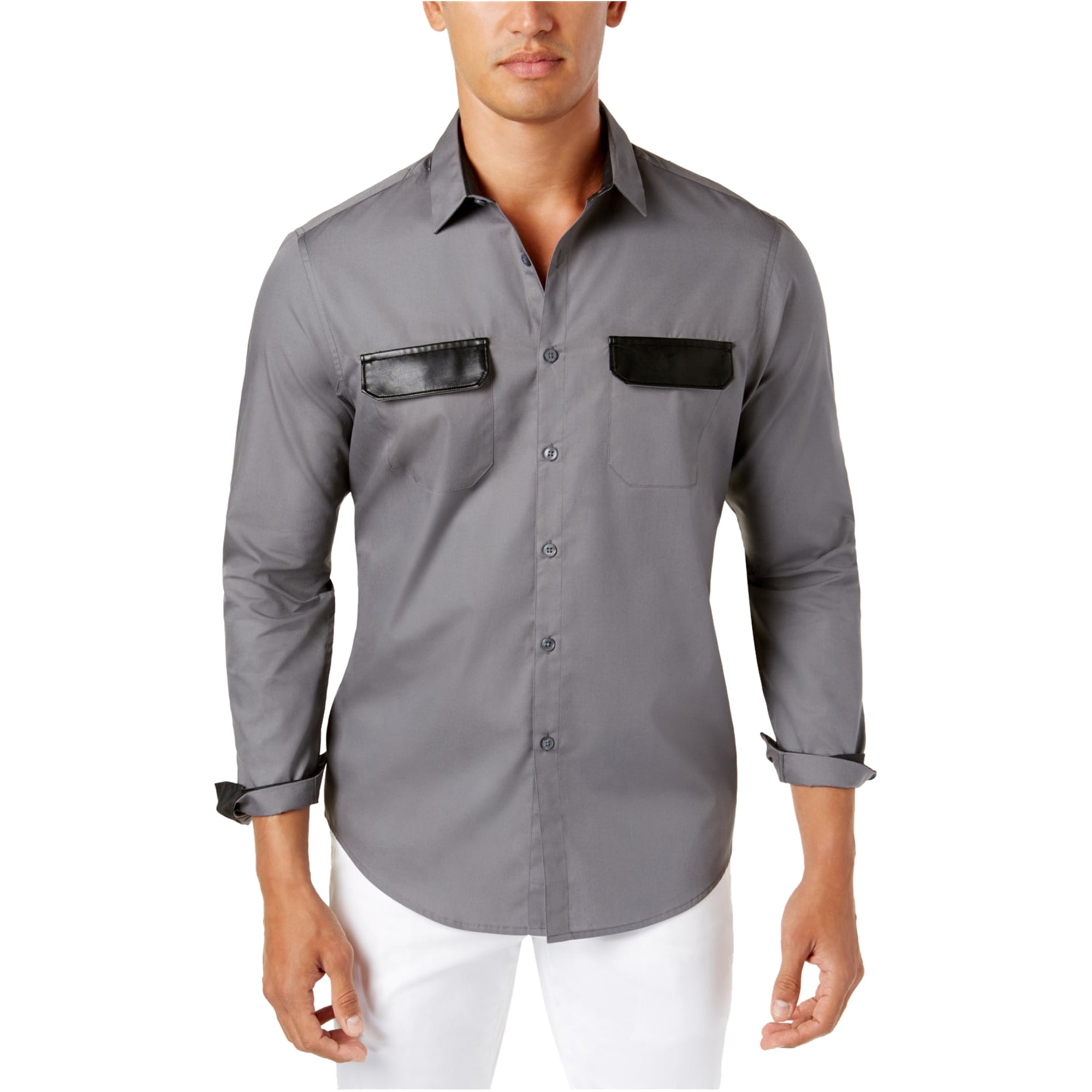 Mens Faux Leather Trim Button Up Shirt 