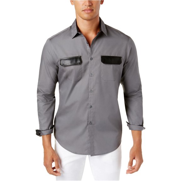 I-N-C Mens Faux Leather Trim Button Up Shirt, Grey, Large
