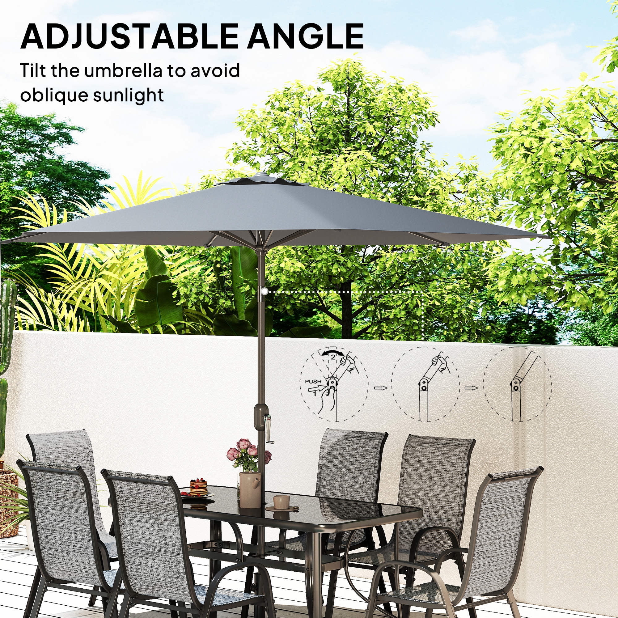 Outsunny 8 Piece Patio Furniture Set with Umbrella, Outdoor Dining Table and Chairs, 6 Chairs, Push Button Tilt and Crank Parasol, Glass Top, Gray