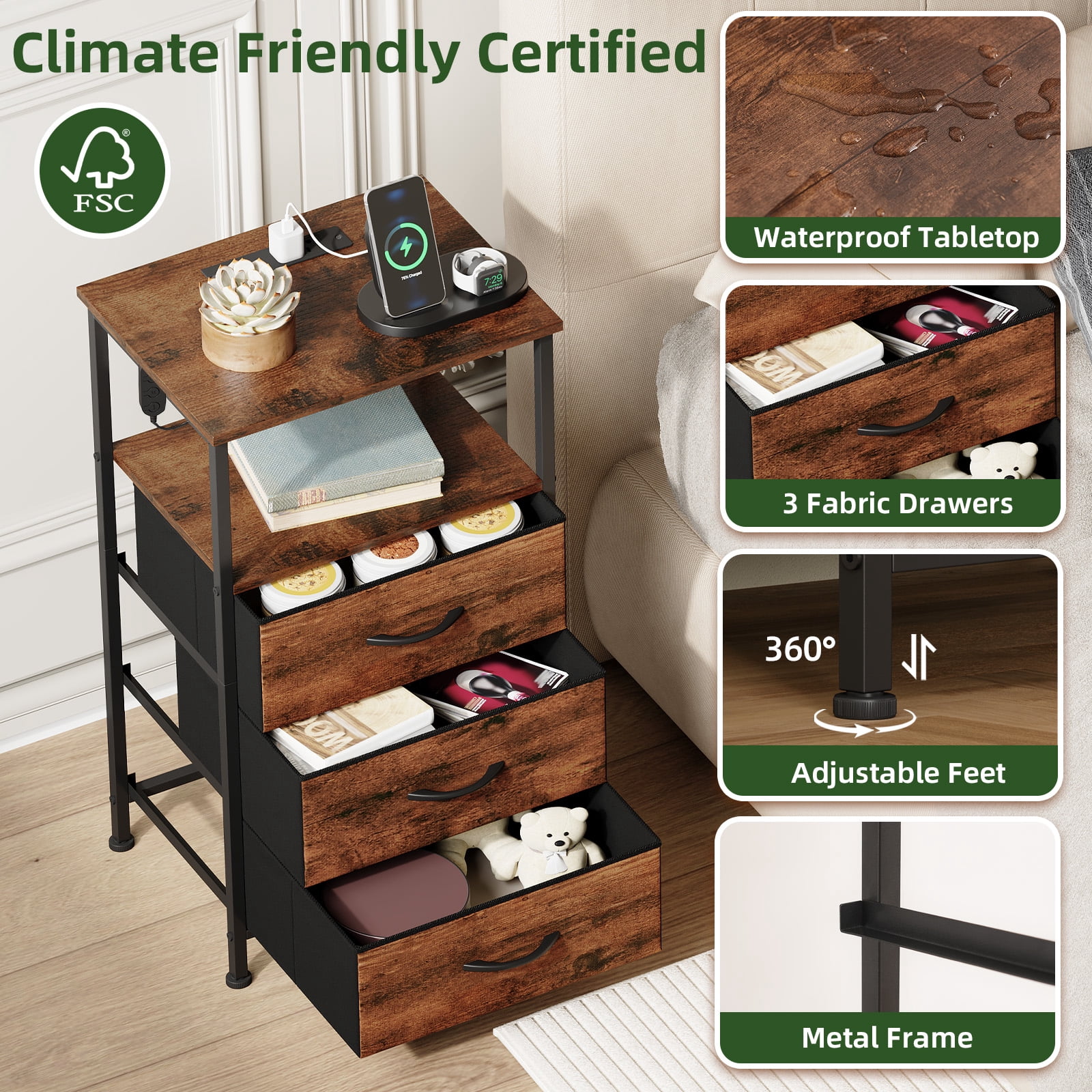 Eunos 3 Drawer Nightstand with Charging Station, LED and Open Shelf for Bedroom, Wood Grain Print