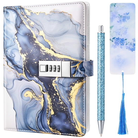 sixwipe 3 Pcs A5 Lockable Journal, Diary with Lock, PU Leather Combination Lock Diary, for Men and Women, Office Product 8.7 x 5.9, Blue