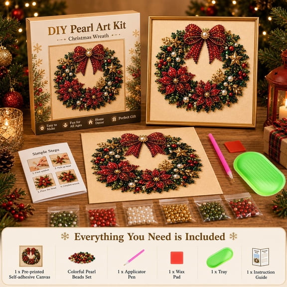 DIY Christmas Bead Art Painting Kit, Festive Canvas Wall Decor Set for Adults & Beginners, Complete Craft Supplies with Applicator Pen & Wax Tray