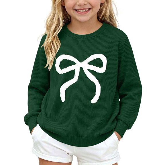 OGLCCG Girls Bow Sweater Crew Neck Knitted Pullover Sweaters for Kids Girls Cute Birthday Sweater Fall Winter Clothes(Army Green,7-8 Years)