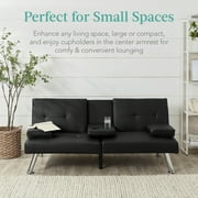 Best Choice Products Modern Faux Leather Convertible Futon Sofa w/ Removable Armrests, 2 Cupholders - Black