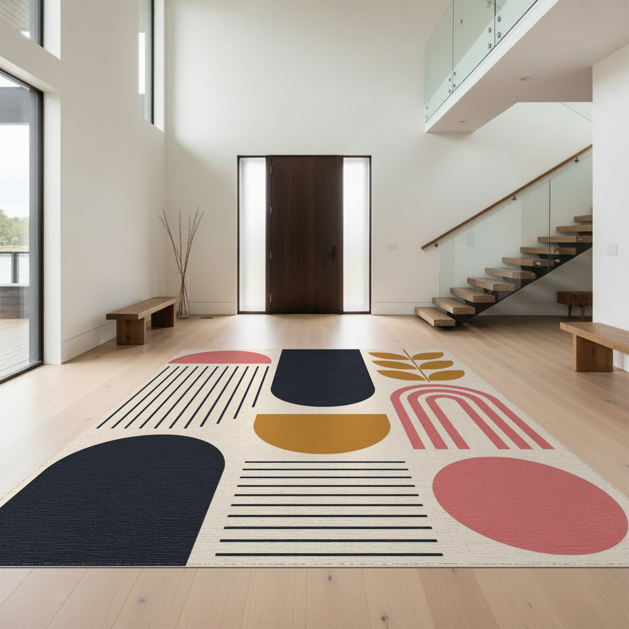 Design&I 5 x7 Washable Area Rug Pink and Mustard Geometric Design Modern Abstract Shapes with for Guest Room Lounge Apartment Flatweave & Daily Traffic Ready