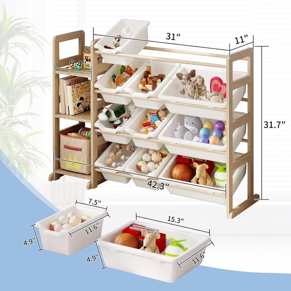 Toy Storage Organizer with Bookshelf, Solid Pine Wood Kids Shelf with 12 Bins and 3 Shelves for Bedroom Playroom