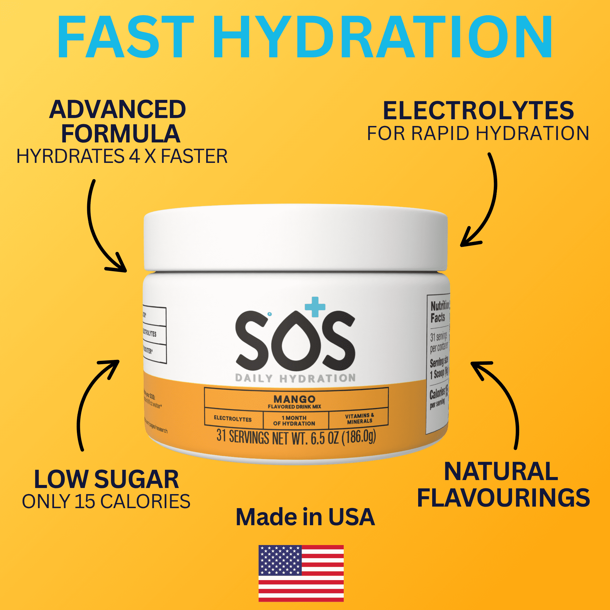 SOS Hydration Daily Electrolyte Drink Mix, Mango, 31-Serving Tub, Low Sugar, Vitamins B6 B12 C D, Potassium Magnesium Zinc