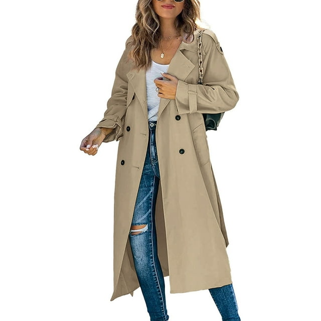 Fortune Women's Jacket Double Breasted Long Coat Classic Lapel Long Sleeve Windproof Overcoat