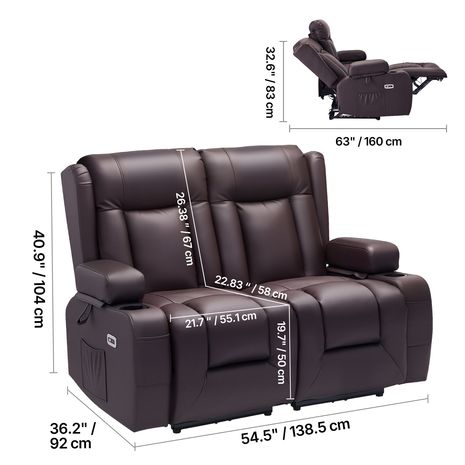 VEVOR Loveseat Recliner Sofa, Power Reclining Couch with Heating & Massage and Timer, PU Leather Electric Recliner Sofa with USB Ports, Cup Holders and Side Bags, Dual Loveseat Chair for Living Room