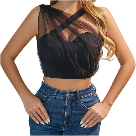 Mrat Athletic Tank Tops for Women Womens Mesh Bustier Corsets Push up Lingerie Slim Fitting Sleeveless Going out Clubwear Cropped Tops S-354 Black L