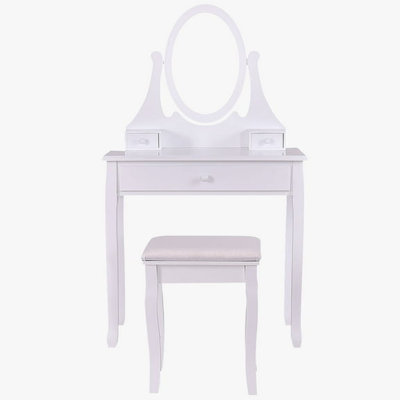Topbuy Mirrored Dressing Table Wooden Vanity Makeup Unit w/ Cushioned Stool White