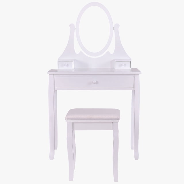 Patiojoy Mirrored Dressing Table Wooden Vanity Makeup Unit w/ Cushioned Stool White