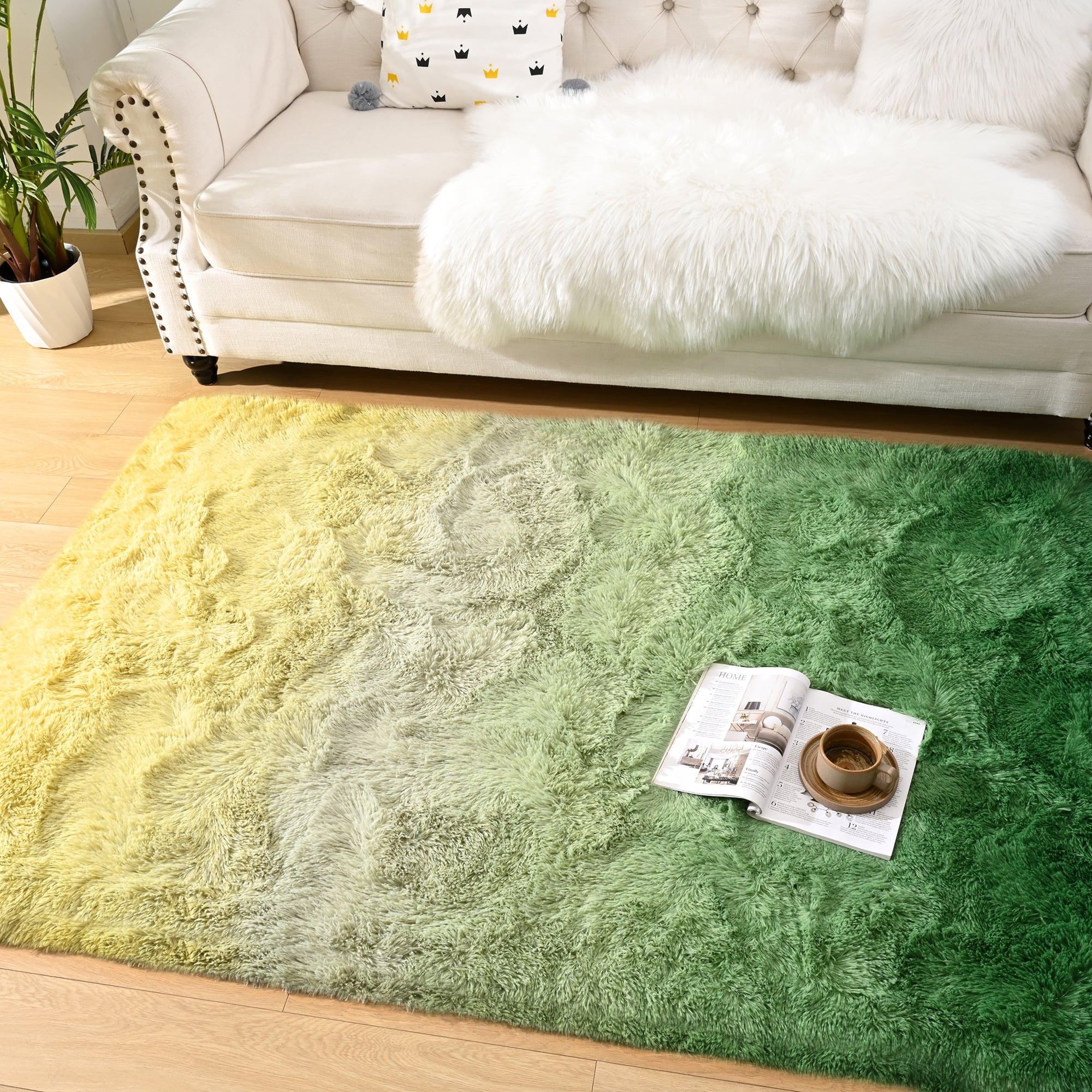 Lochas Gradient Fluffy Shag Area Rug Fuzzy Tie Dye Colorful Bedside Carpet Plush Rugs for Baby Nursery Bedroom Living Room Home Decor,4'x6',Yellow/Green